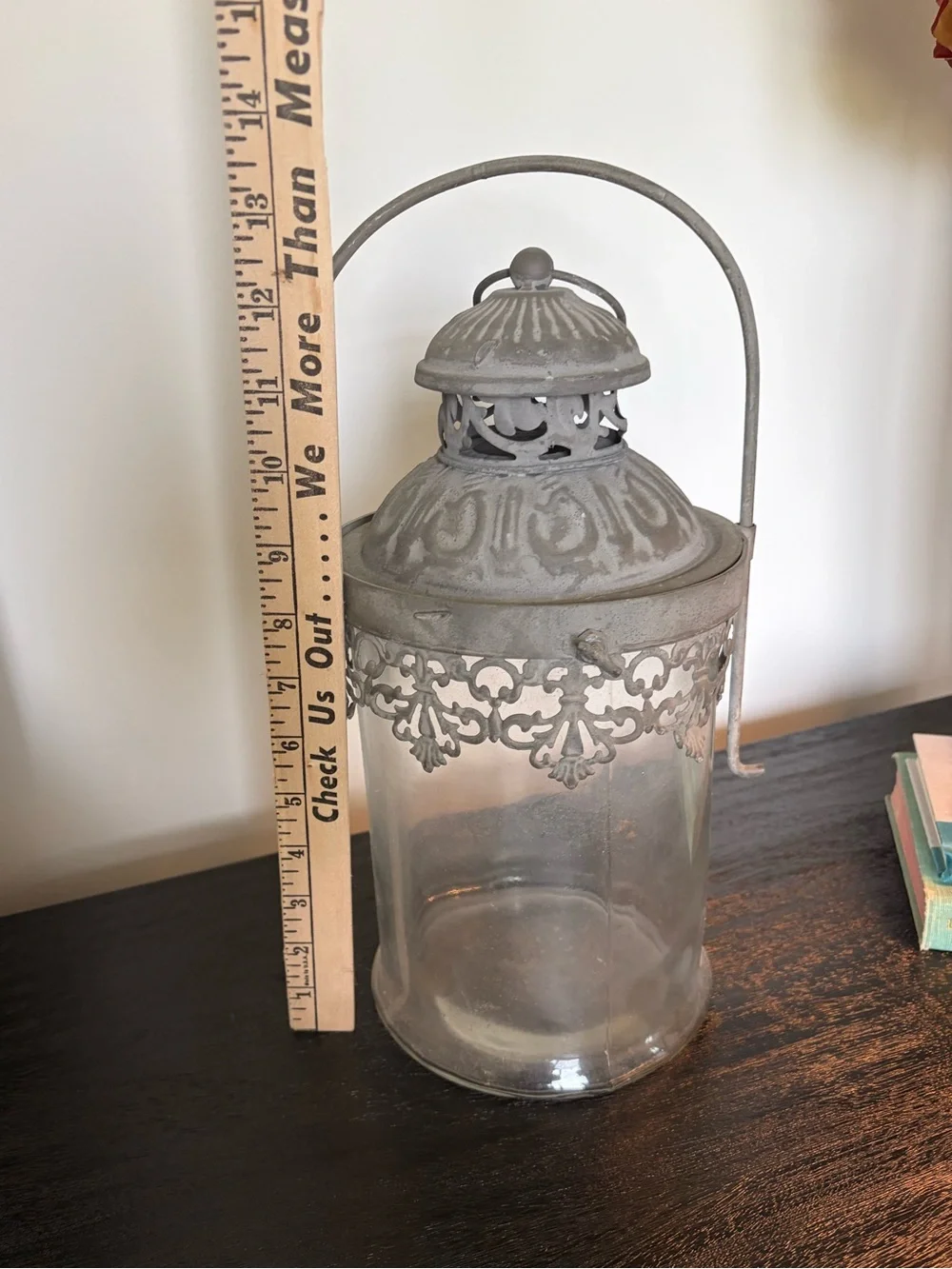 Decorative Glass Lantern with Ornate Gray Metal Top - Unbranded